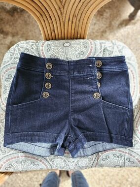 Express Jeans Blue Denim Nautical Sailor Button Up Front Shorts 2